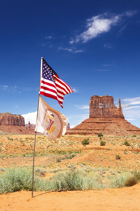 纪念碑谷的美国和纳瓦霍旗帜和西Mitten Butte
